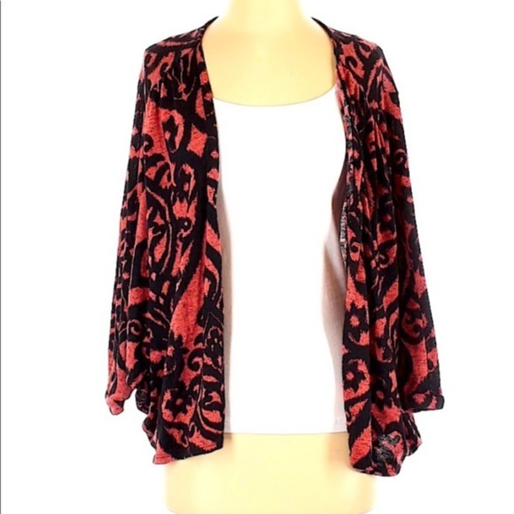 Painted Threads S‎ red/black boho dolman 3/4 sleeve lightweight open cardigan